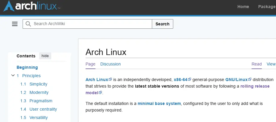 Screenshot of the Arch Linux Wiki