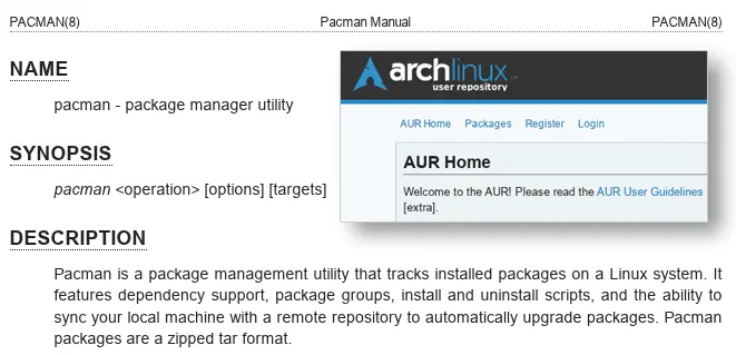 Screenshot of the pacman manpage and AUR website