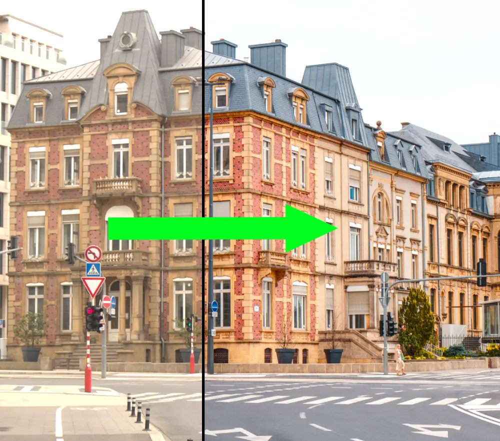 before and after image of the historic bank on Royal Boulevard