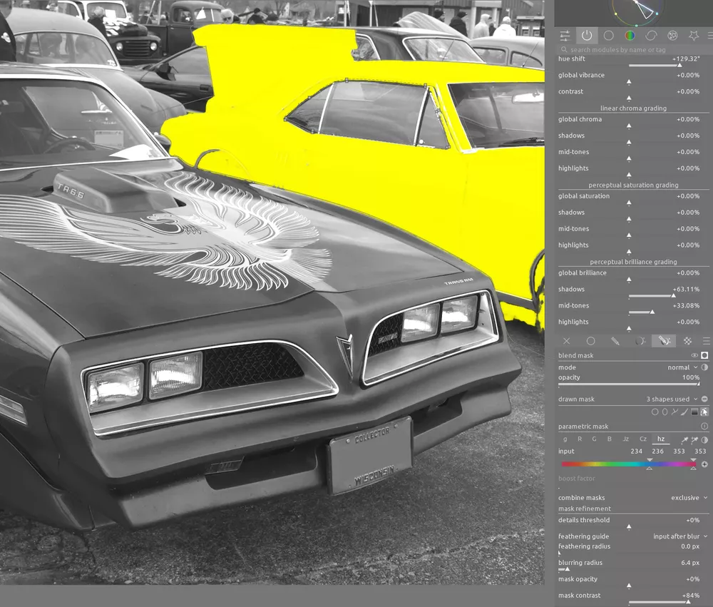 color balance rgb module with mask on neighboring car