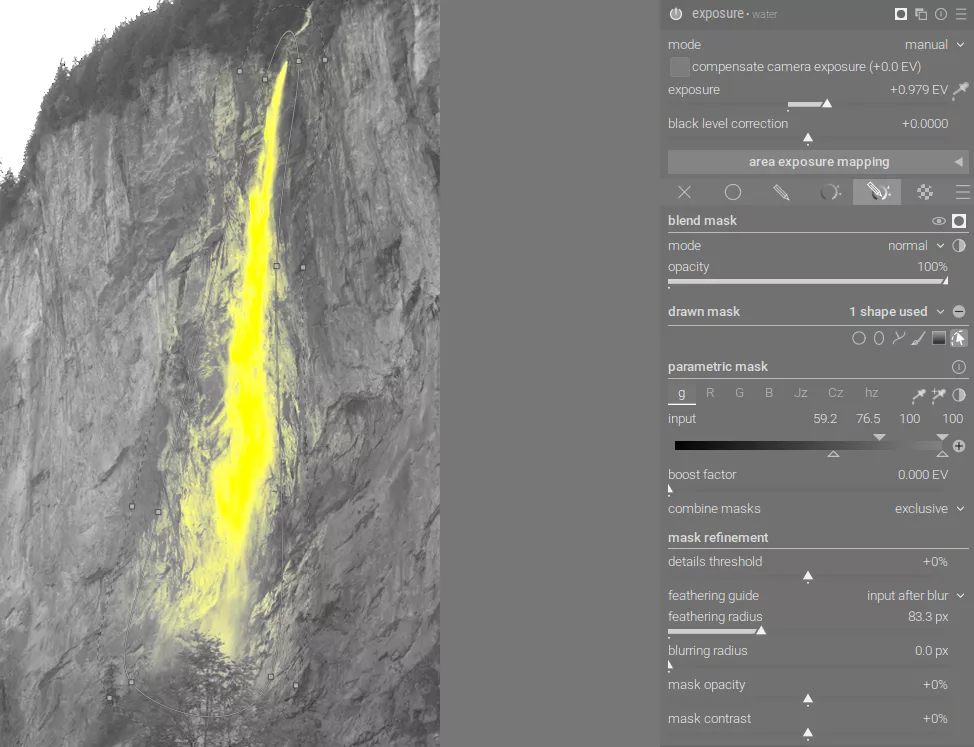 instance of exposure module to brighten waterfall