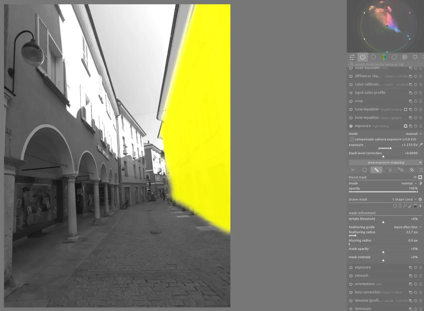 exposure module with drawn mask to only select the building on the right