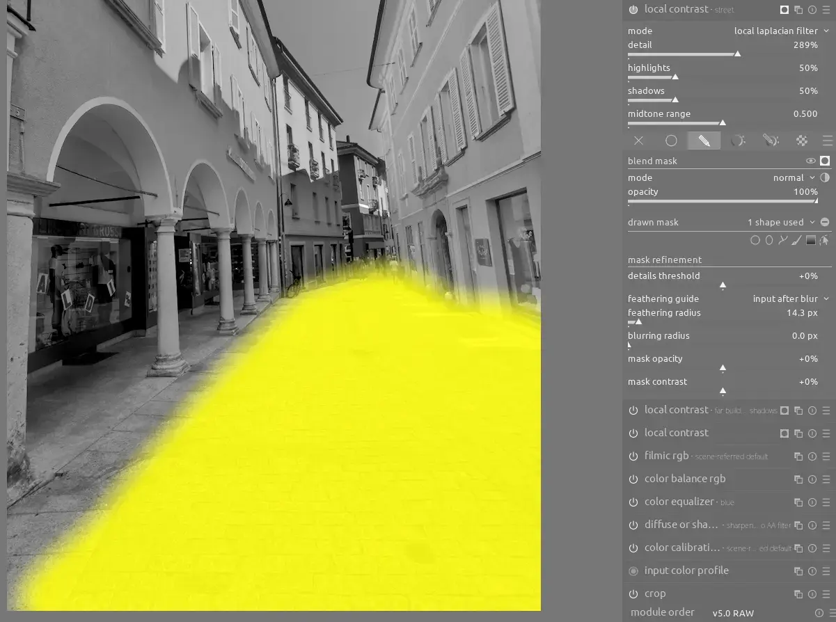 using an instance of local contrast with a drawn mask to highlight the texture in the street