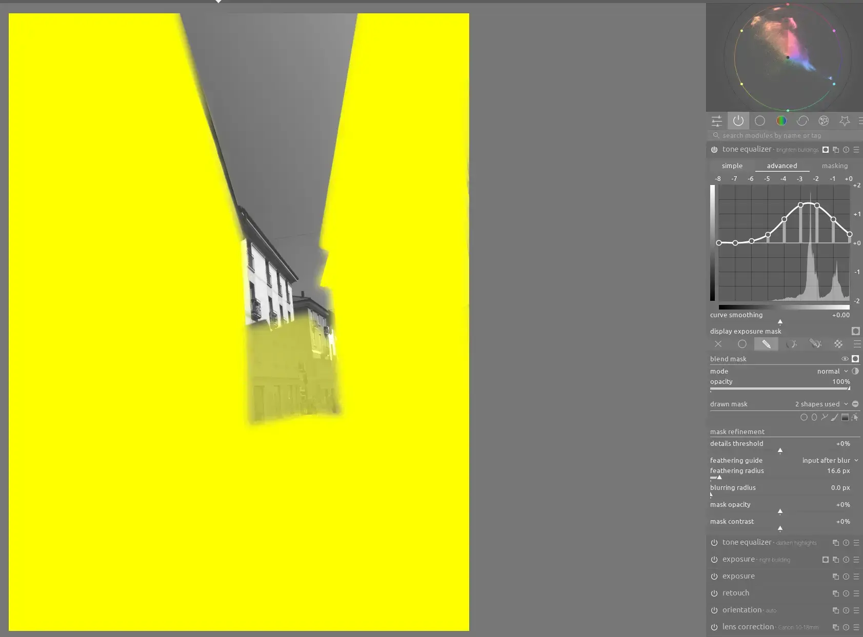 brightening the dark parts of the buildings with tone equalizer