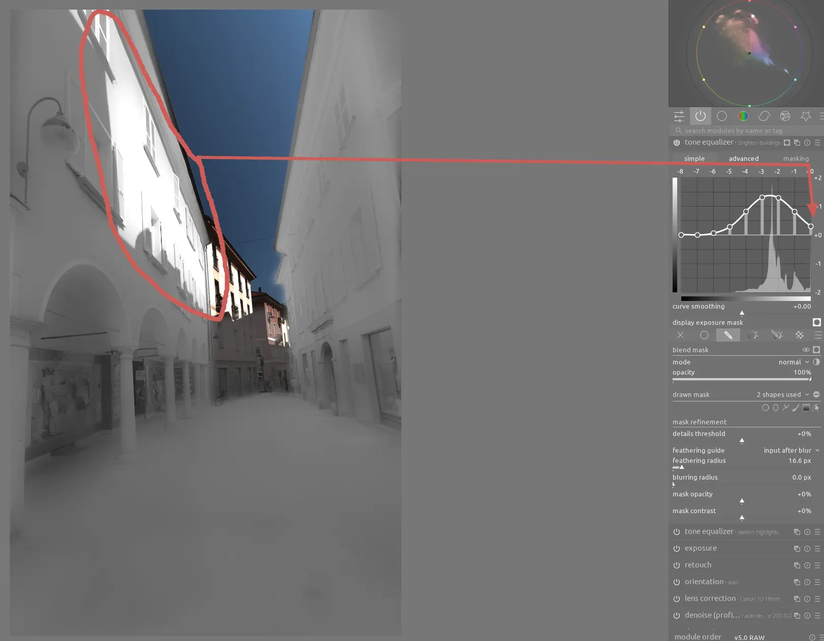 showing where the parts of the pink building in direct sunlight fall on the tone equalizer mask