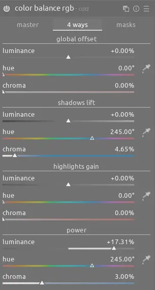 the color balance rgb settings for the cold version