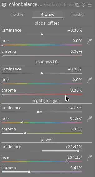 the color balance rgb settings for the purple complement version