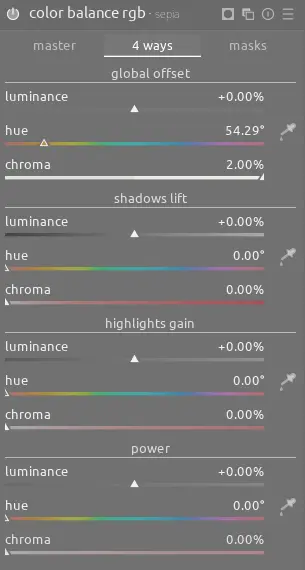 the color balance rgb settings for the sepia version