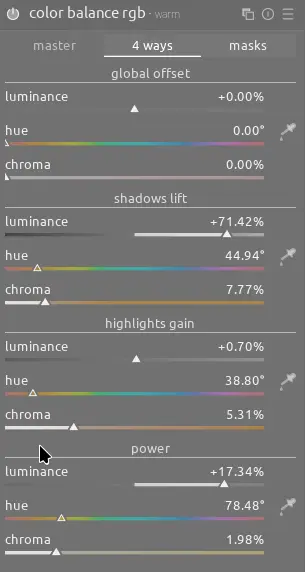 the color balance rgb settings for the warm version