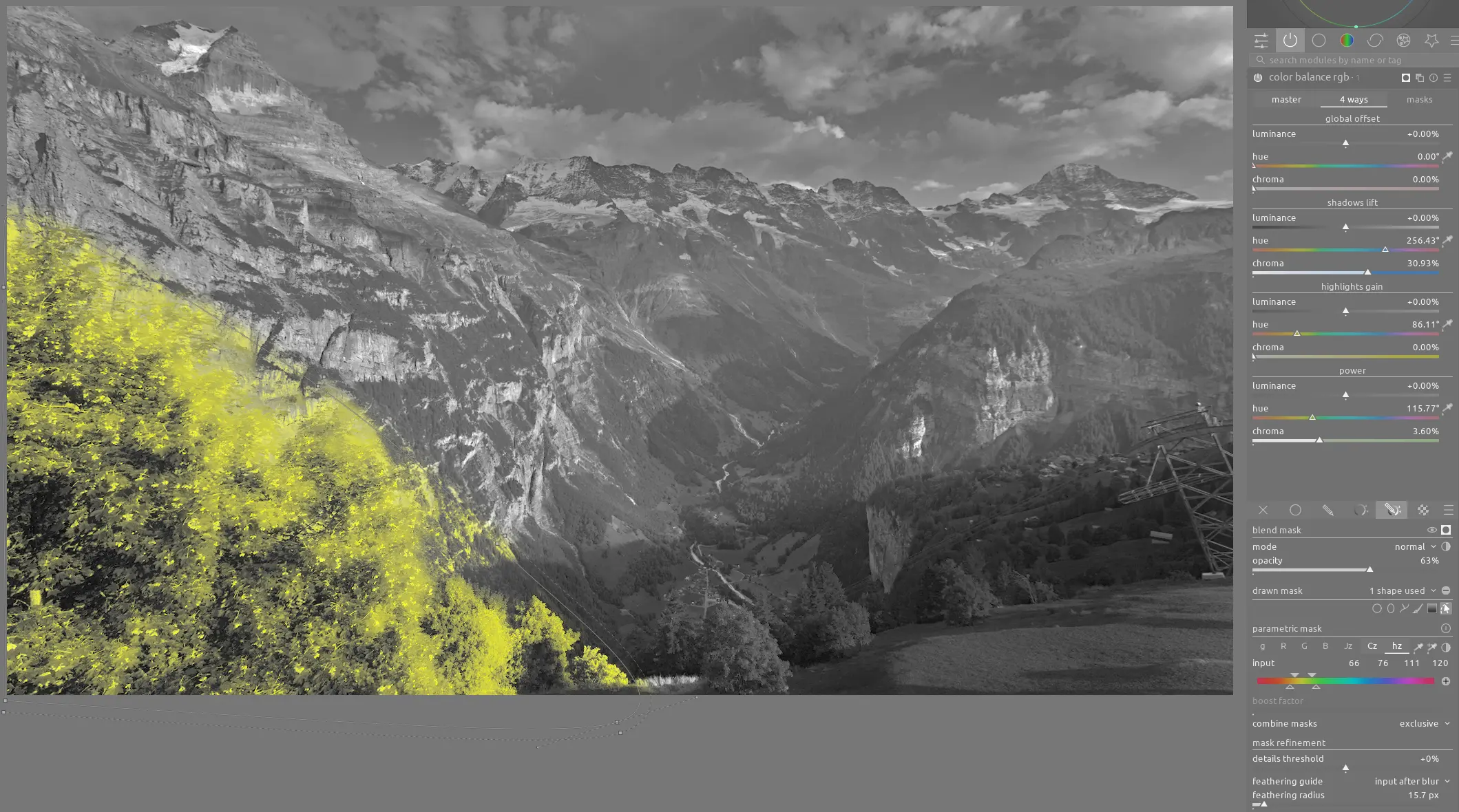 color balance rgb settings on the sunset image