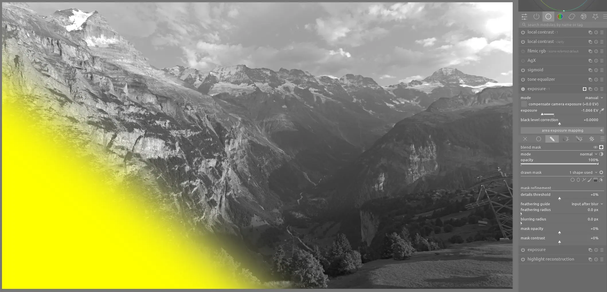 using the exposure module to darken part of the sunset image