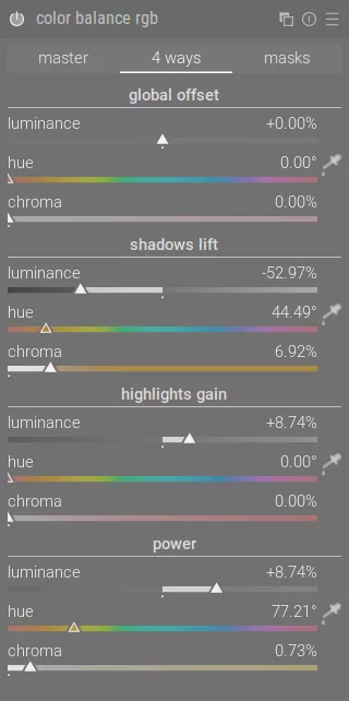 4 ways tab of the color balance rgb module for the analogous image