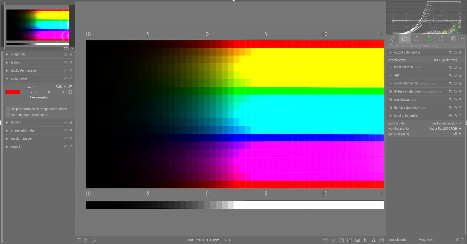 color picker showing red in the output color profile module