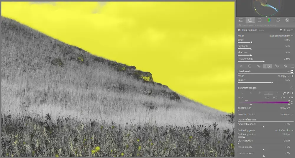 local contrast module settings for grasses and clouds