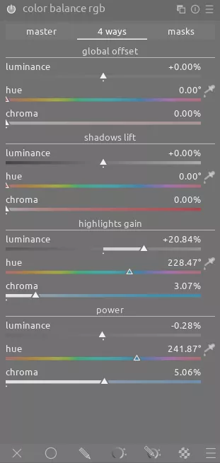 color balance rgb 4 ways settings on the lake photo