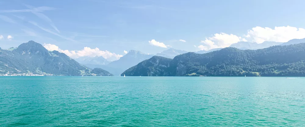 wide-angle shot of a large lake